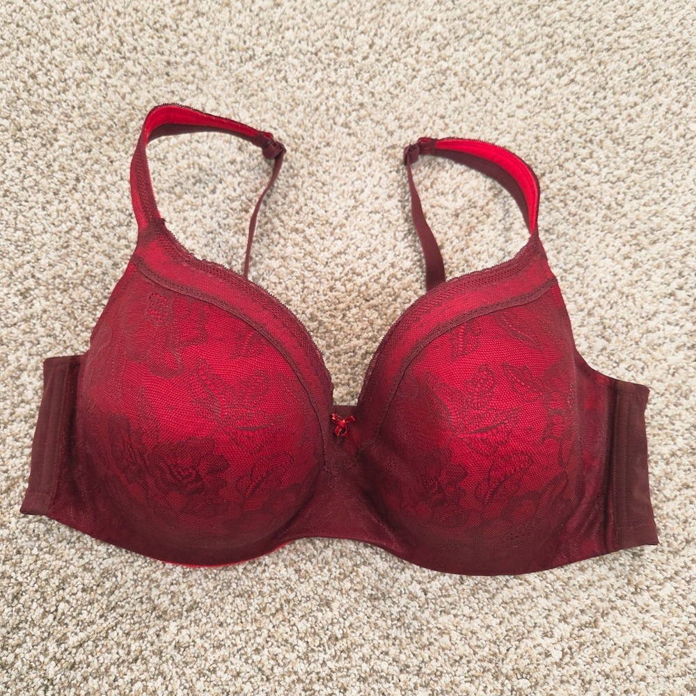 Cacique 44DD Red Burgundy Lace Balconette Bra Boost Lightly Lined Mesh